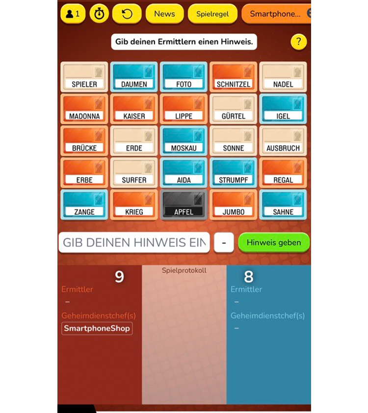 Screenshot des Online-Spiels „Codenames“ in deutscher Sprache. Die Ansicht zeigt das Spielfeld mit 25 Wortkarten in einem 5x5-Raster. Einige Karten sind farblich markiert: 9 rot (Team Rot), 8 blau (Team Blau), eine schwarz (Attentäter) und der Rest beige (neutral). Links steht „Ermittler 9“, rechts „Ermittler 8“. In der Mitte ist ein Texteingabefeld für Hinweise sichtbar. Der aktuelle Hinweisgeber ist Team Rot („SmartphoneShop“). Der Hinweistext oben lautet: „Gib deinen Ermittlern einen Hinweis.“