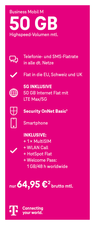Werbegrafik zum Telekom-Tarif Business Mobil M mit 50 GB Highspeed-Volumen, Telefon- und SMS-Flat in alle deutschen Netze, EU-Roaming, 5G inklusive und Smartphone. Monatlicher Bruttopreis 64,95 €.