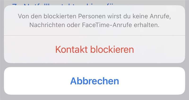 Ein Screenshot von einem iPhone 14 in dem der Button gezeigt wird, mit dem ein Kontakt blockiert wird.