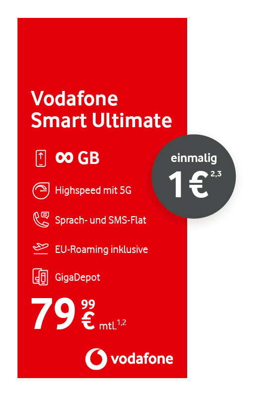 Angebotsgrafik für Vodafone Smart Ultimate für 79,99 Euro monatlich mit unendlich Datenvolumen, Highspeed mit 5G, Sprach- und SMS-Flat und EU-Roaming, GigaDepot