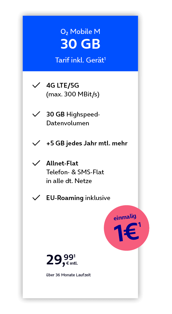 o2 Mobile M Tarif mit 30 GB Highspeed-Datenvolumen, 4G LTE/5G (max. 300 MBit/s), und 5 GB zusätzlichem Datenvolumen jedes Jahr. Inklusive Allnet-Flatrate für Telefon- und SMS-Nutzung in allen deutschen Netzen sowie EU-Roaming. Monatliche Kosten: 29,99 € über 36 Monate Laufzeit, einmalige Gebühr von 1 € für das Gerät.