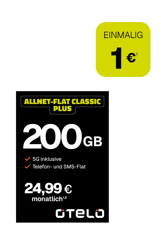 Werbeanzeige für den Mobilfunk-Tarif „Allnet-Flat Classic Plus“ von Otelo: 200 GB Datenvolumen mit 5G sowie Telefon- und SMS-Flat für 24,99 € monatlich. Einmalige Kosten: 1 €.