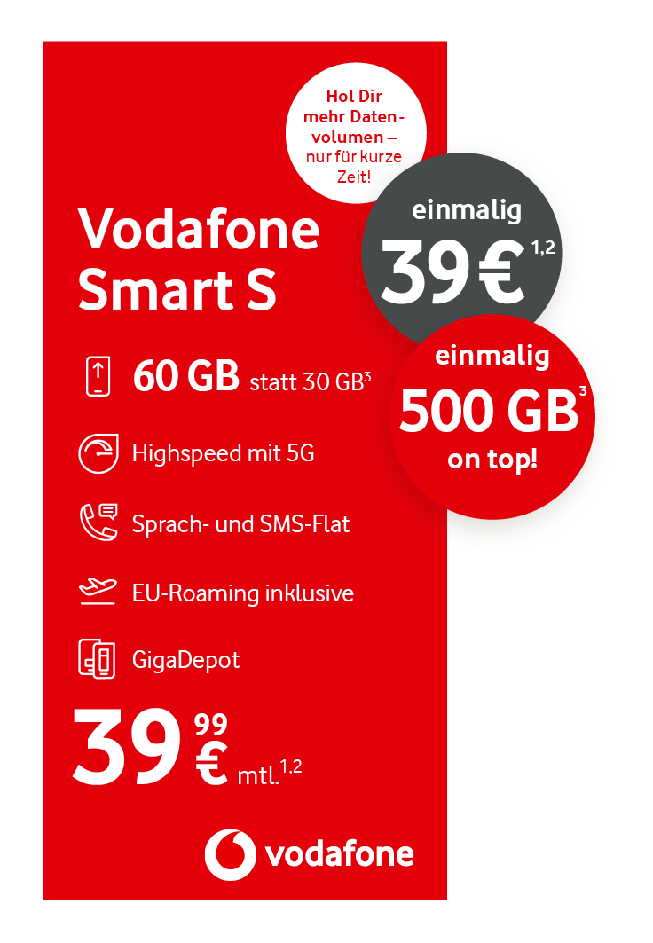 Im linken unteren Bereich wird ein Vodafone-Tarif „Smart S“ beworben. Enthalten sind 45 GB Datenvolumen statt 30 GB, Highspeed mit 5G, Sprach- und SMS-Flat, EU-Roaming sowie GigaDepot. Einmalig kostet das Gerät 1 Euro. Zusätzlich gibt es einmalig 500 GB Datenvolumen on top. Monatlich kostet der Tarif 39,99 Euro.