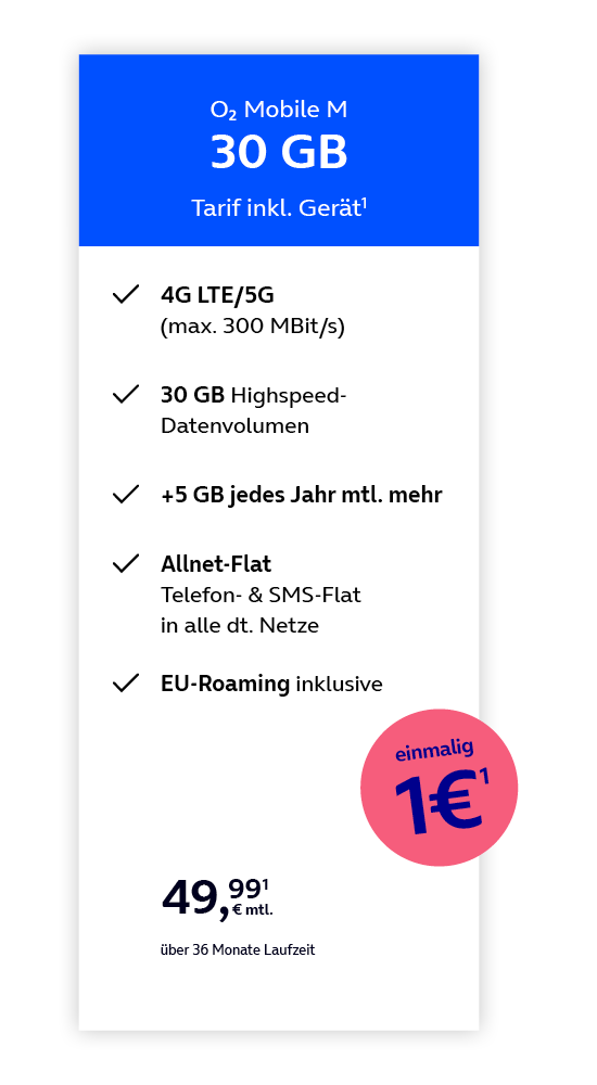 Angebotsgrafik für o2 Mobile Unlimited Smart ab 44,99 Euro monatlich mit Datenvolumen, 4G LTE/5G, unbegrenzte GB, Allnet-Flat und EU-Roaming.