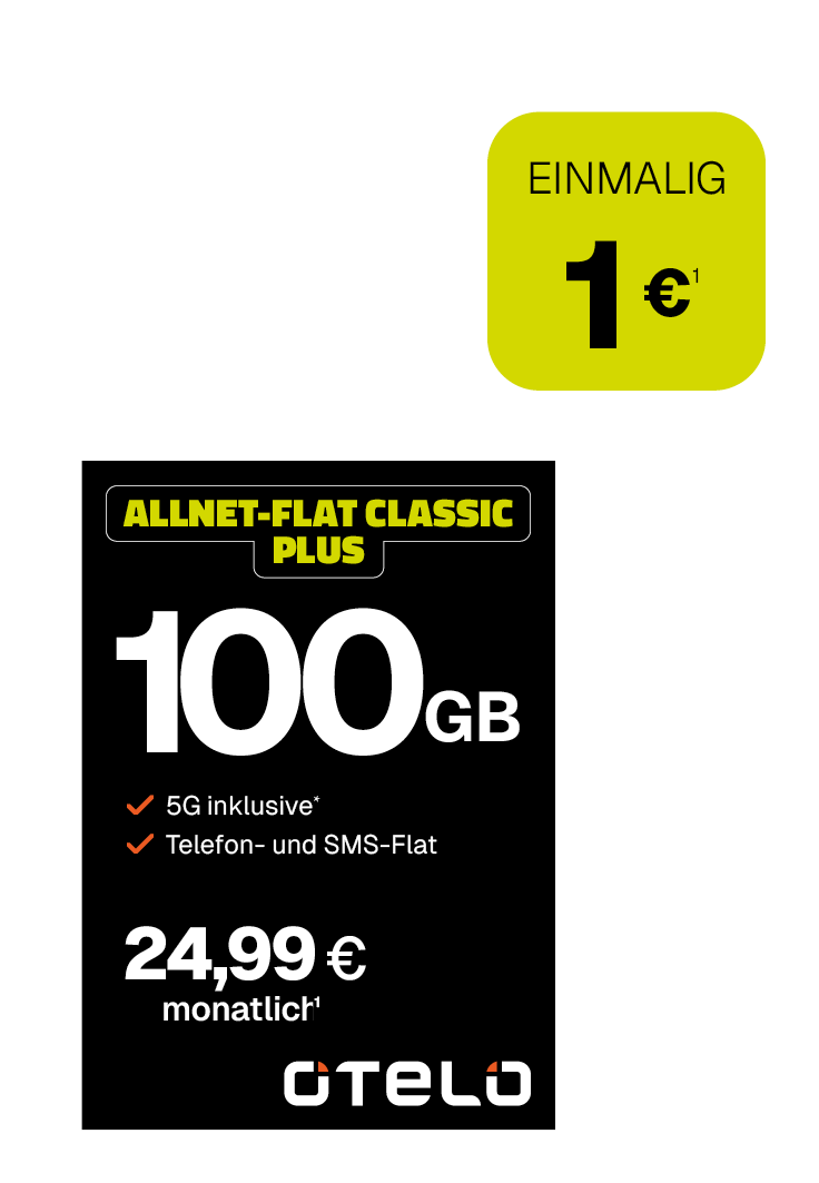 Werbeanzeige für einen Mobilfunktarif von Otelo. Angeboten wird der Tarif ‚Allnet-Flat Classic Plus‘ mit 200 GB Datenvolumen, 5G inklusive sowie Telefon- und SMS-Flat. Der monatliche Preis beträgt 24,99 Euro. Einmalige Kosten: 1 Euro.