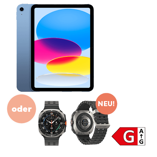 Abbildung eines blauen Apple iPads mit buntem Displayhintergrund. Darunter eine schwarze Smartwatche, die Galaxy Watch Ultra, eine Ansicht mit Ziffernblattanzeige und eine mit der Rückseite, die als neu gekennzeichnet ist. Links daneben steht in einem Kreis ‚oder‘. Rechts unten befindet sich ein rotes Symbol mit der Aufschrift ‚G‘.