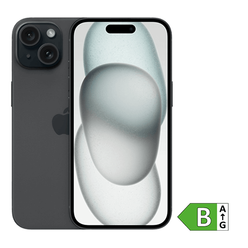 Abbildung eines schwarzen iPhone 15 von Apple mit Vorder- und Rückansicht. Auf dem Display ist eine abstrakte, dunkle Grafik zu sehen. Rechts unten befindet sich ein grünes Energieeffizienzlabel mit der Einstufung B.