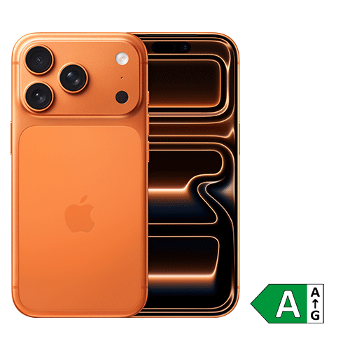 Orangefarbenes iPhone 17 Pro in Vorder- und Rückansicht, Energieklasse A.