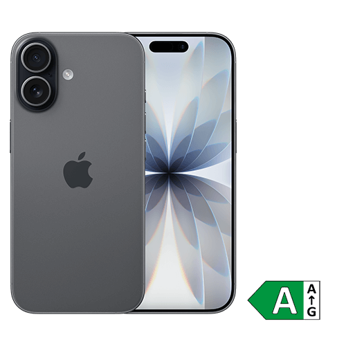 Abbildung eines Apple iPhone 17. Links ist die Rückseite mit 2 Kameras und Apple-Logo sichtbar, rechts die Vorderseite mit Display und pillenförmigem Ausschnitt am oberen Bildschirmrand. In der rechten unteren Ecke ist ein Energielabel mit der Effizienzklasse A auf einem grünen Pfeil dargestellt.