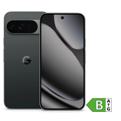 Abbildung von Google Pixel 10 Pro XL in der Farbe Schwarz. Links ist die Rückseite mit Kameramodul und Google-Logo zu sehen, rechts die Vorderseite mit großem Display. In der rechten unteren Ecke befindet sich ein Energielabel mit der Effizienzklasse A auf einer grünen Pfeilmarkierung