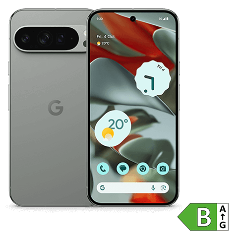 Abbildung eines Google Pixel Smartphones in Grau mit Rück- und Vorderansicht. Display zeigt abstraktes Blumenmuster in Rot und Grau. In der Ecke befindet sich ein Energielabel mit der Effizienzklasse B.