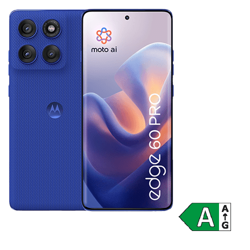 Abgebildet ist ein Motorola-Smartphone vom Modell „edge 60 PRO“ in der Farbe Blau. Links ist die Rückseite mit drei großen Kameralinsen und einem kleineren Sensor in einem quadratischen Kameramodul zu sehen. Rechts daneben ist die Vorderseite des Smartphones mit einem nahezu randlosen Display abgebildet. Auf dem Bildschirm steht „moto ai“ und am unteren Rand „edge 60 PRO“. Unten rechts befindet sich ein grünes Energieeffizienzlabel mit der Klasse „A“, was eine sehr gute Energieeffizienz anzeigt.