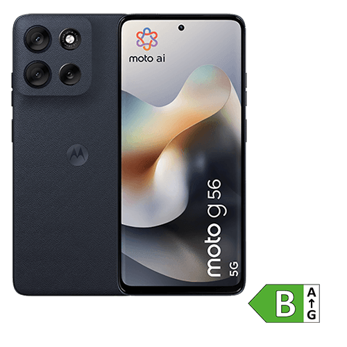 Abgebildet ist ein Motorola-Smartphone vom Modell „moto g56“ in der Farbe dunkelblau. Links ist die Rückseite mit drei großen Kameralinsen und einem kleineren Sensor in einem quadratischen Kameramodul zu sehen. Rechts daneben ist die Vorderseite des Smartphones mit einem nahezu randlosen Display abgebildet. Auf dem Bildschirm steht „moto ai“ und am unteren Rand „moto g56“. Unten rechts befindet sich ein grünes Energieeffizienzlabel mit der Klasse „B“, was eine sehr gute Energieeffizienz anzeigt.
