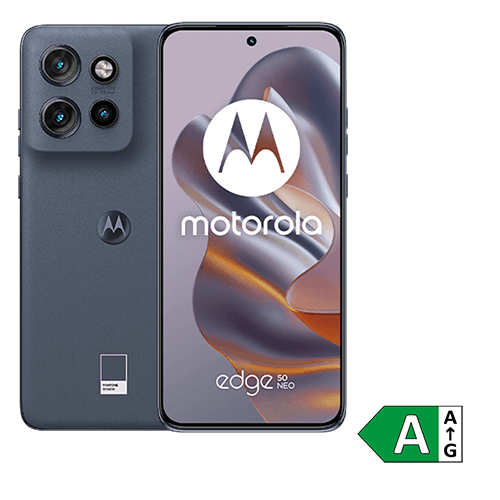 Motorola edge50 neo mit Front- und Rückansicht, Dual-Kamera und Display mit Motorola-Logo. Energieeffizienzklasse A.
