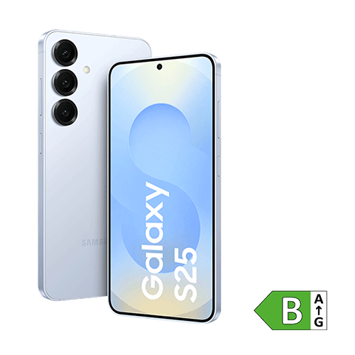 Samsung Galaxy S25 Smartphone in weiß, Vorder- und Rückseite sichtbar. 
