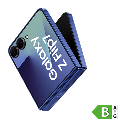 Samsung Galaxy Z Flip7 Smartphone in blau, halb zusammengeklappt, inklusive Energielabel B. 