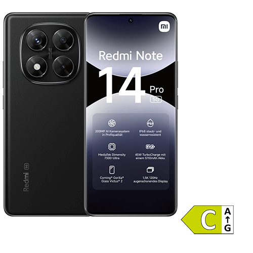Xiaomi Redmi Note 14 Pro in schwarz, Vorder- und Rückseite sichtbar.