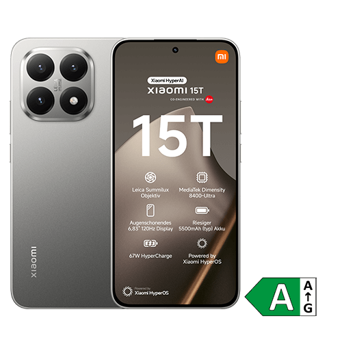 Xiaomi 15T Smartphone in Silber mit Leica Summilux Kamera, 6,83 Zoll 120Hz Display, MediaTek Dimensity 8400 Ultra Prozessor, 5500mAh Akku und 67W HyperCharge – energieeffizient mit Bewertung A, betrieben mit Xiaomi HyperOS.