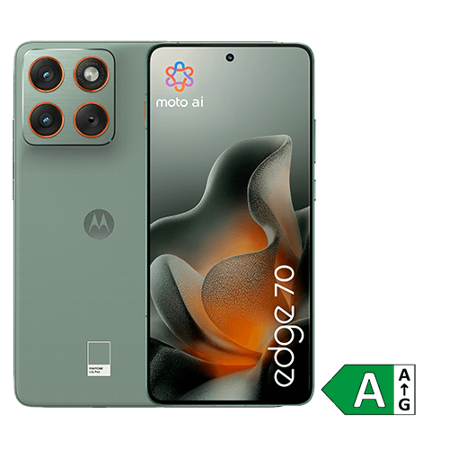 Motorola Edge 70 Smartphone in Grün, Vorderansicht zeigt das Display mit minimalem Rahmen, Rückansicht zeigt glänzende Rückseite mit Kamera-Modul oben links.