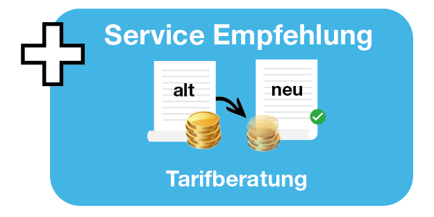 Grafik mit Empfehlung für einen Service: Tarifberatung. Darstellung zweier Verträge mit Münzen davor. Links ist beschriftet mit alt und hat mehr Münzen als rechts neu. Text: ‚Unsere Service Empfehlung – Tarifberatung ‘