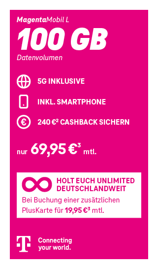 „Tarif MagentaMobil L: 100 GB Highspeed-Daten mit 5G, Flatrate für Telefonie & SMS, EU-Roaming inklusive, 69,95 € im Monat.