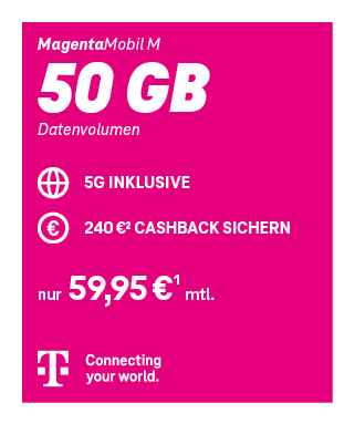 Grafik des Mobilfunktarifs ‘Business Mobil L – Ohne Limit’ der Telekom. Der Hintergrund ist pink, Text und Symbole sind weiß. Aufgelistet werden folgende Tarifleistungen: Telefonie- und SMS-Flatrate in alle deutschen Netze, EU-, Schweiz-, UK- und Türkei-Flat, 5G-Internet-Flat mit LTE Max/5G, optional Security OnNet Comfort, ein Smartphone, zwei MultiSIMs, WLAN Call, HotSpot-Flat und ein Welcome Pass mit 1 GB für 48 Stunden weltweit. Unten steht der Preis von 79,95 Euro brutto pro Monat. Am unteren Rand befindet sich das Telekom-Logo mit dem Schriftzug ‚Connecting your world.