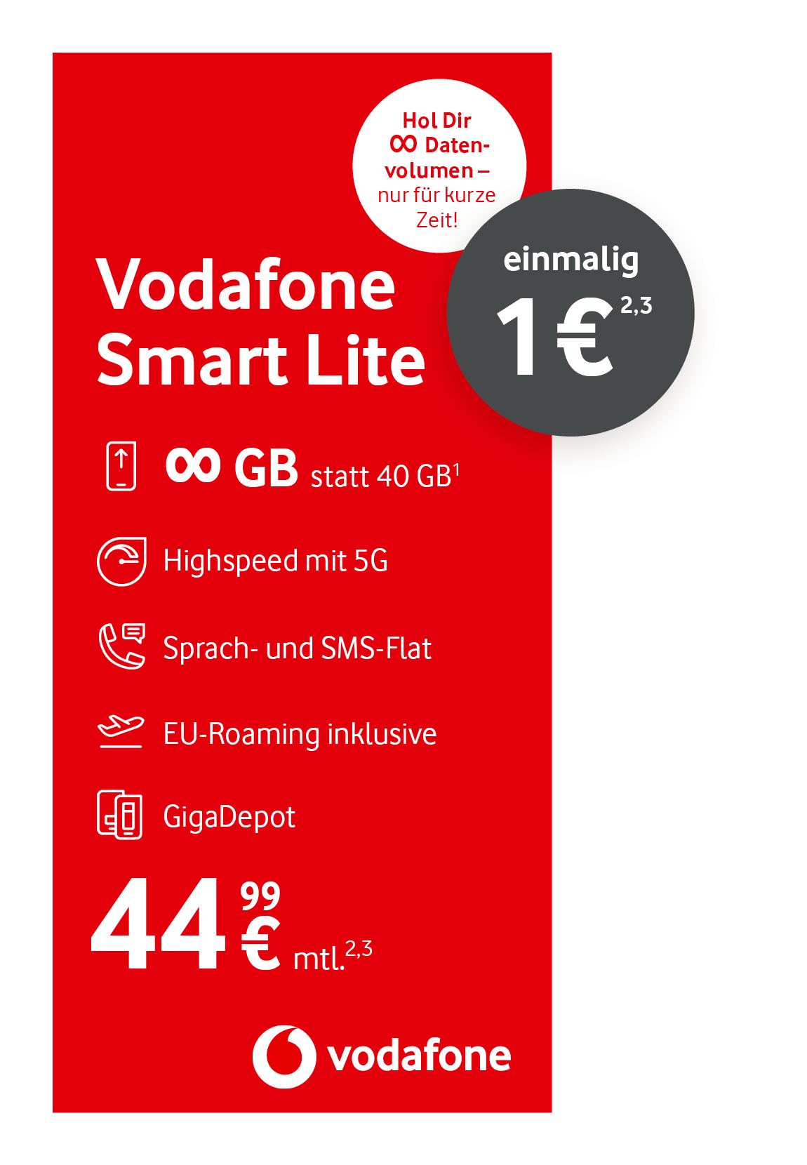 Werbegrafik für den Mobilfunktarif „Vodafone Smart Lite“. Der Tarif bietet unbegrenztes Datenvolumen statt 40 GB, Highspeed mit 5G, eine Sprach- und SMS-Flatrate, EU-Roaming sowie GigaDepot. Der monatliche Preis beträgt 44,99 Euro. Zusätzlich wird ein einmaliger Preis von 1 Euro hervorgehoben. Hinweis: Unbegrenztes Datenvolumen nur für kurze Zeit verfügbar.