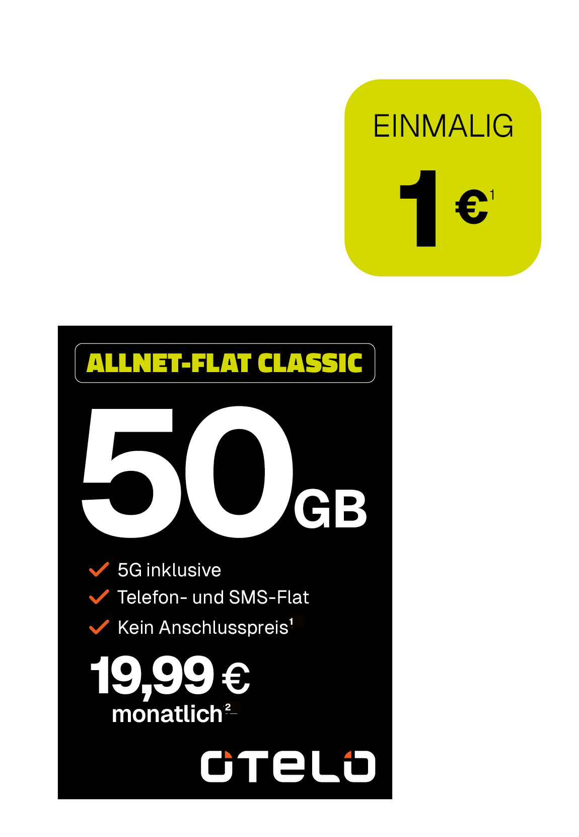 Angebotsgrafik für Allnet-Flat Classic: Ab 19,99 Euro monatlich mit Datenvolumen, 5G und Telefon- und SMS-Flat.