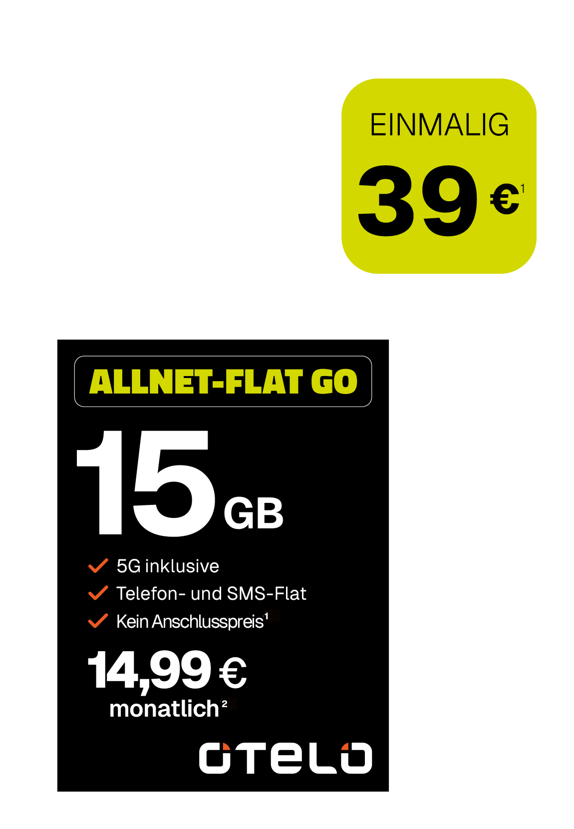 Angebotsgrafik für otelo Allnet-Flat-Go: Ab 14,99 Euro monatlich mit Datenvolumen.