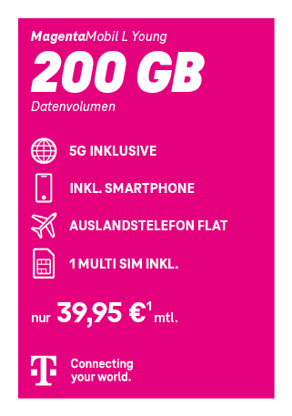 Telekom MagentaMobil L Young Tarif mit 200 GB Datenvolumen, 5G inklusive, Smartphone inklusive, Auslands-Telefon-Flat und 1 Multi-SIM für 39,95 € monatlich – Telekom Mobilfunk Angebot.