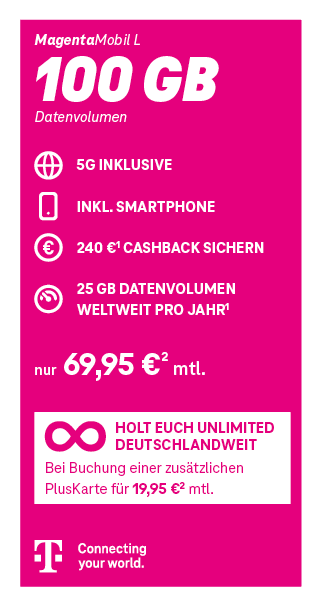Werbeanzeige für den Mobilfunktarif ‚Business Mobil L OHNE LIMIT‘ der Telekom. Enthalten sind: Telefon- und SMS-Flatrate in alle deutschen Netze, Flatrate ins EU-Ausland, die Schweiz, UK und Türkei, unbegrenztes Internet mit LTE Max/5G, optional Security OnNet Comfort, ein Smartphone, zwei MultiSIM-Karten, WLAN Call, HotSpot Flat sowie ein Welcome Pass mit 1 GB für 48 Stunden weltweit. Preis: 89,95 Euro netto monatlich. Unten ist das Telekom-Logo mit dem Slogan ‚Connecting your world.