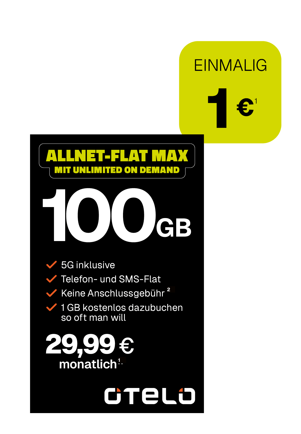 Angebotsgrafik für otelo Allnet-Flat-Max: Ab 29,99 Euro monatlich mit Datenvolumen.