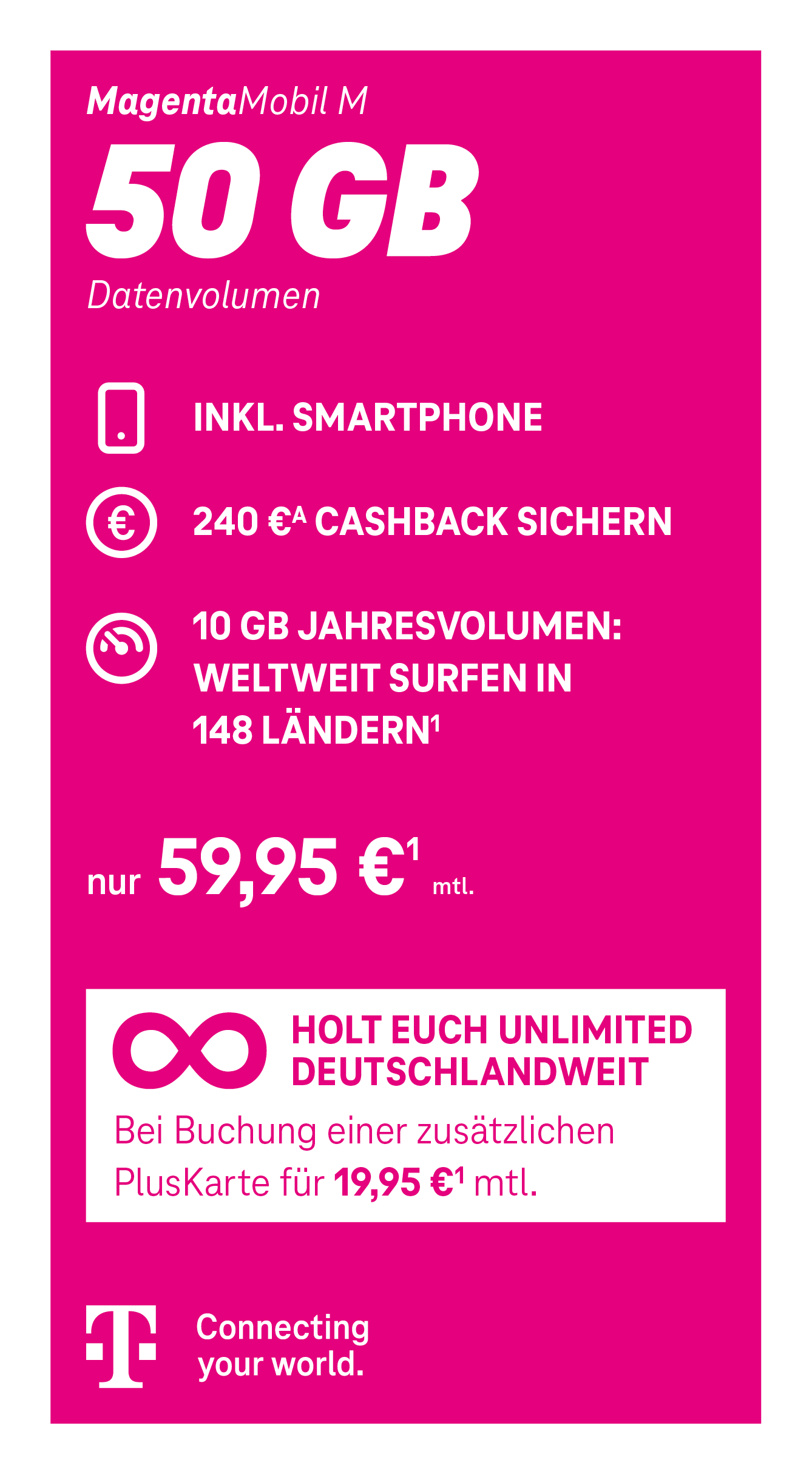 MagentaMobil M Tarif der Telekom mit 50 GB Datenvolumen inklusive 5G. 240 Euro Cashback. Monatlicher Preis 59,95 Euro. Telekom – Connecting your world.