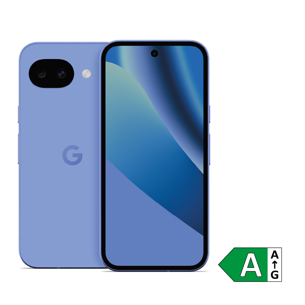 Abbildung von Google Pixel 10 Pro in Schwarz. Das Gerät ist von vorn und hinten zu sehen. Auf der Rückseite befindet sich ein horizontal angeordnetes Kameramodul mit mehreren Linsen sowie ein ‚G‘-Logo. Auf der Vorderseite ist ein randarmes Display mit dunklem abstrakten Hintergrund zu erkennen. Unten rechts ist ein grünes Energielabel mit der Klasse A eingeblendet.