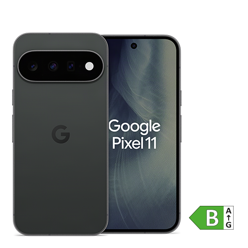 Google Pixel 11 Pro Smartphone in schwarzer Farbe, dargestellt von Vorder- und Rückseite. Auf dem Display ist ‚Google Pixel 11 Pro‘ zu sehen. Unten rechts befindet sich das Energieeffizienzlabel der Klasse B.