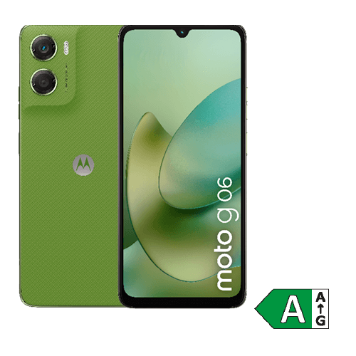 Motorola-Smartphone in dunkelgrüner Farbe, Rück- und Vorderseite sichtbar. Auf dem Display ist das Motorola-Logo und die Modellbezeichnung 'moto g' zu sehen. Rechts unten befindet sich ein Energieeffizienzsymbol mit der Klasse A