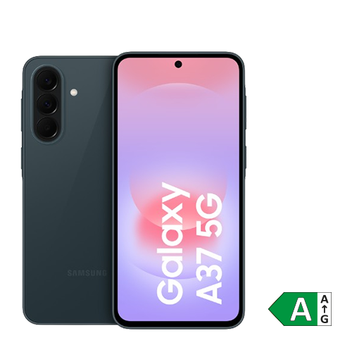 Produktabbildung eines Smartphones „Samsung Galaxy A37 5G“: Vorder- und Rückseite in dunkler Farbe, großes Display mit mittiger Frontkamera sowie rückseitige Mehrfachkamera. Rechts unten Energieeffizienzklasse A.