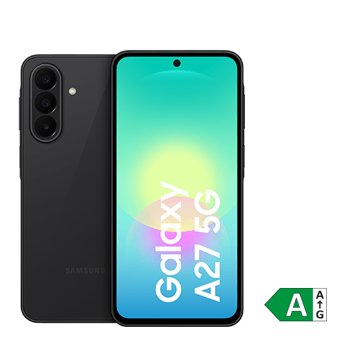 Produktabbildung des Samsung Galaxy A27 5G in Schwarz. Zu sehen sind die Vorderseite mit Display und die Rückseite mit dreifacher Kamera. Das Display zeigt den Schriftzug „Galaxy A27 5G“. Rechts unten befindet sich das Energieeffizienzlabel der Klasse A.