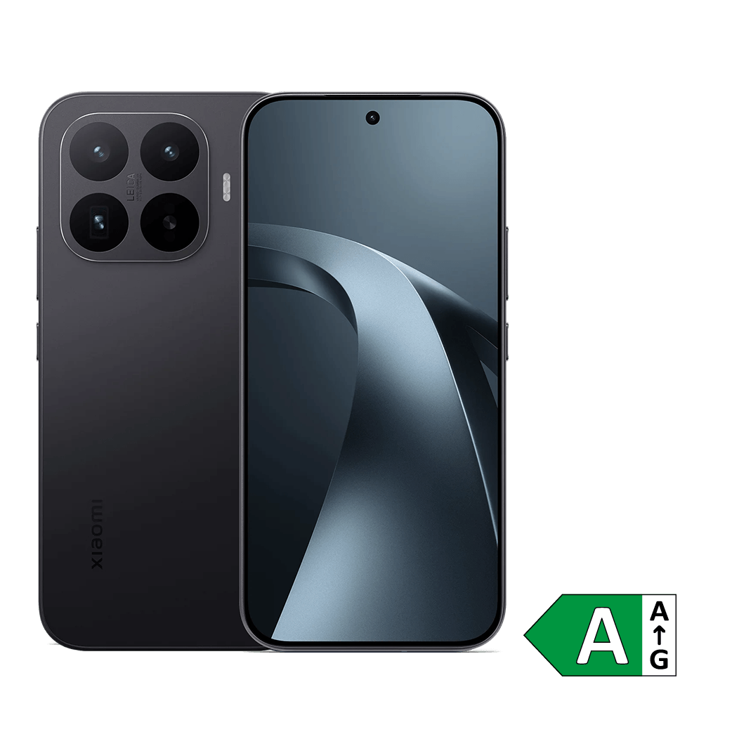 Xiaomi 17T Smartphone in Schwarz, Vorder- und Rückansicht. Die Rückseite zeigt ein quadratisches Kameramodul mit vier Linsen und Leica-Branding. Die Vorderseite präsentiert ein randloses Display mit Lochkamera-Aussparung und einem blauen Wellenförmigen Hintergrundbild.