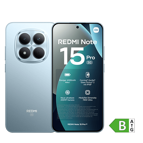 Produktabbildung des Smartphones Redmi Note 15 Pro 5G in hellblauer Farbe, Vorder- und Rückseite nebeneinander dargestellt, mit großem Display und quadratischem Kameramodul mit vier Linsen. EU-Energielabel mit Effizienzklasse B eingeblendet.