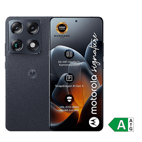 Abbildung des Motorola signature mit Vorderseite sichtbar. EU-Energielabel mit Effizienzklasse A eingeblendet. 