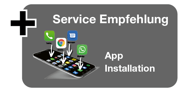 Orangefarbene Fläche mit der Überschrift „Service Empfehlung“. Darunter steht „App Installation“. Dargestellt ist ein Smartphone mit Symbolen für Telefon, Messages, Chrome und WhatsApp, auf die weiße Pfeile hinzeigen – sie sollen symbolisieren, dass diese Apps installiert oder eingerichtet werden.