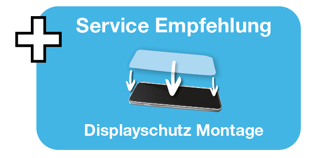 Grafik mit Empfehlung für einen Service: Displayschutz-Montage. Darstellung eines Smartphones, über dem ein Schutzglas angebracht wird. Text: ‚Unsere Service Empfehlung – Displayschutz Montage‘